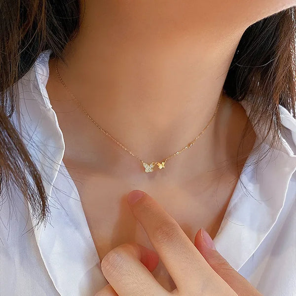 925 Sterling Silver Double Butterfly Necklace Diamond Plated Gold Ins Light Luxury Temperament High Sense  Hot Sale  New