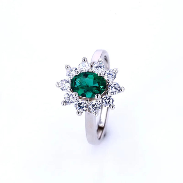 S925 Silver Green Emerald Ring Women's New Model Columbia Cultivated Emerald Ring Geometric Pattern Elliptical Egg Shape Size