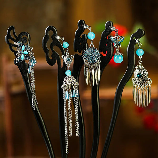 Ethnic Style Flowers Hair Sticks Made of Wood with Turquoise Inlay for Unique Hair Accessories