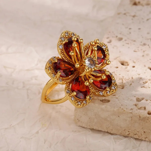 Wholesale Jewelry Vintage Style Flower 304 Stainless Steel Zircon Inlay Open Rings