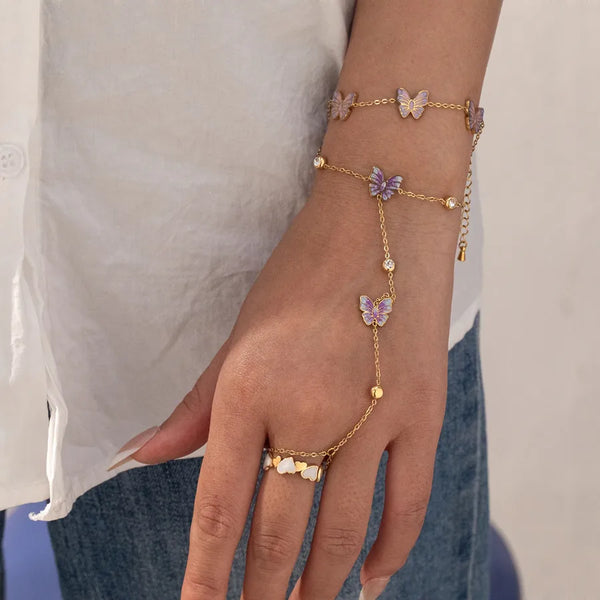 Women’s Electroplated Butterfly Bracelet in 304 Stainless Steel with 18K Real Gold PVD Coating and Zircon Inlay, Cable Chain
