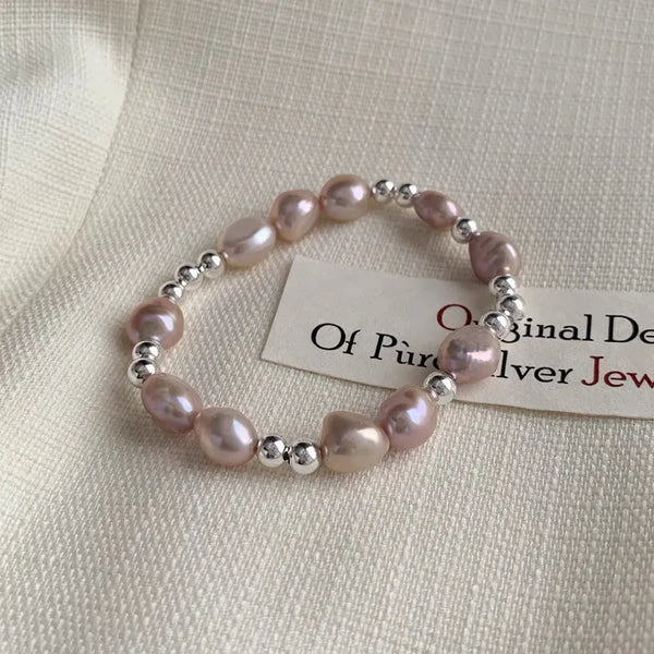 Luxurious Pink 925 Silver Natural Baroque Freshwater Pearl Bracelet Romantic French Style Wedding Anniversary Mother's Day Gift