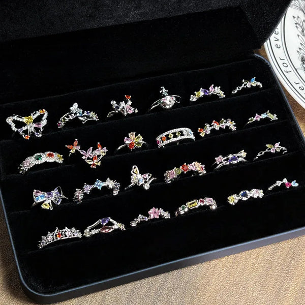 Eden Retro Color Diamond Cool Sweet Open Ring Women Luxury High-End Hong Kong Style Stacking Finger Ring Geometric Pattern