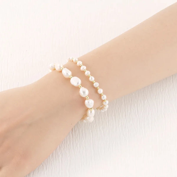 Geometric Beading Bracelets for Women with Freshwater Pearl and Electroplated 18K Real Gold Plated Beaded Chain