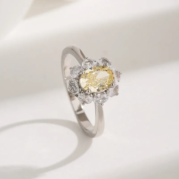 Bronze Base Ice Flower  Red Pink Sea Blue Diamond Yellow Diamond Women's Ring High Carbon Egg Shape Finger Ring 5*7mm
