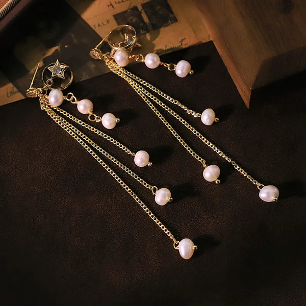Natural Pearl Star Zircon Tassel Chain Earrings Handmade Earrings 18K Gold Plated Jewelry