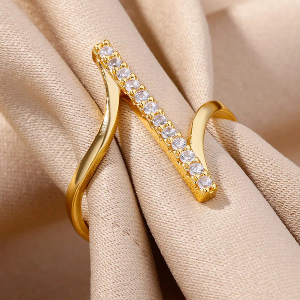 Elegant Vertical Zirconia Open Ring For Women Copper Plated 18K Geometric Patterned Luxury Style Daily Commute Wearable Hand Jewelry