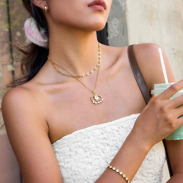 Women's Vintage Style 18K Gold Stainless Steel + Imitation Pearl + Zircon with White Zircon Devil's Eye Imitation Pearl Tassel Pendant Necklace 42+5CM