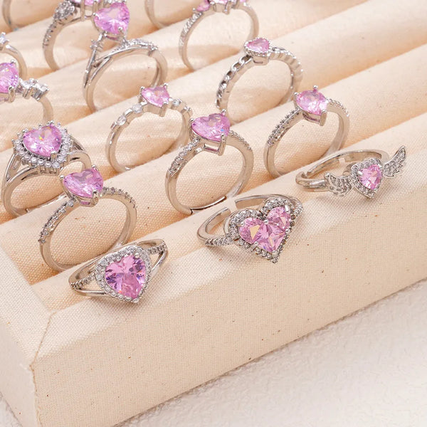 Women's New Style Copper Embedded Zirconium Pink Heart Ring Versatile Living Mouth Ring Jewelry Luxury Electroplated Process