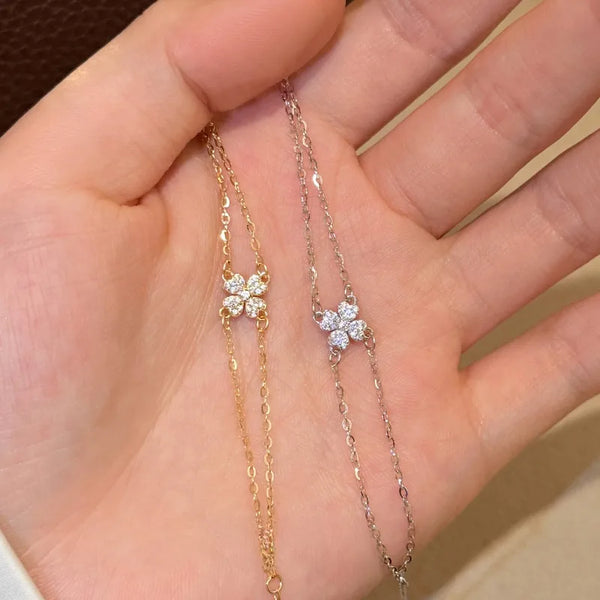 Double Layer S925 Silver Four Leaf Clover Bracelet For Women Plated 14K Gold Bohemian Style Luxury Floral Print Hand Jewelry