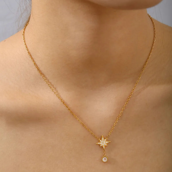 Graceful Fashion Simple High-end Geometric Starburst Inlaid Zircon Stainless Steel 18k Gold Plated Women's Necklace All Seasons