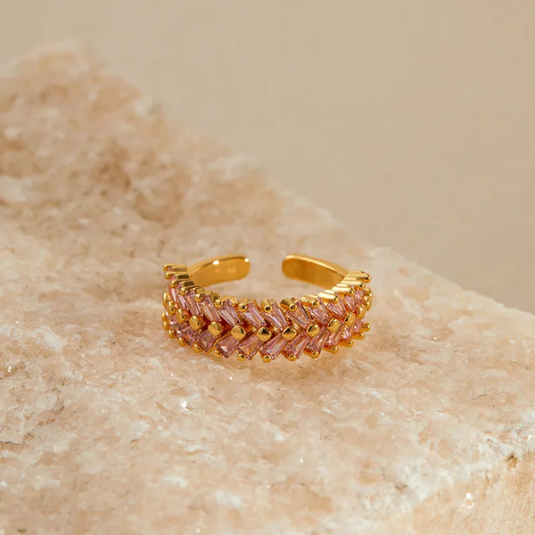 Color-Retaining Open Ring for Women, Simple Zircon Diamond Filled Trendy Geometric Copper Material