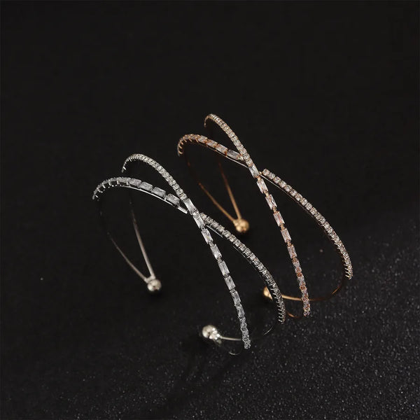 Handmade Lines Bangle for Women in Copper with Golden Plated Water Plating and Rhinestone Inlay