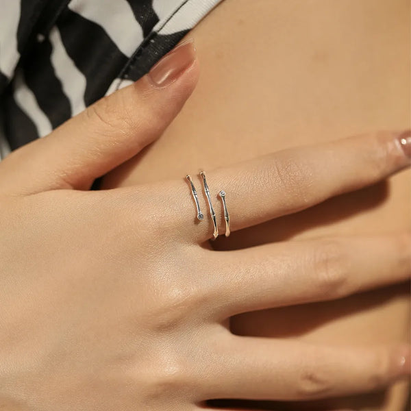 925 Sterling Silver Zircon Bamboo Lines Open Rings