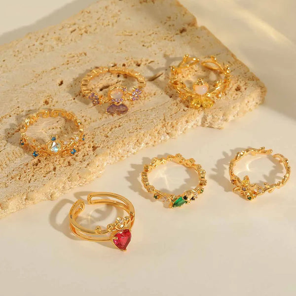 Wholesale Jewelry Cute Sweet Heart Shape Flower Copper Zircon 14K Gold Plated Inlay Open Rings