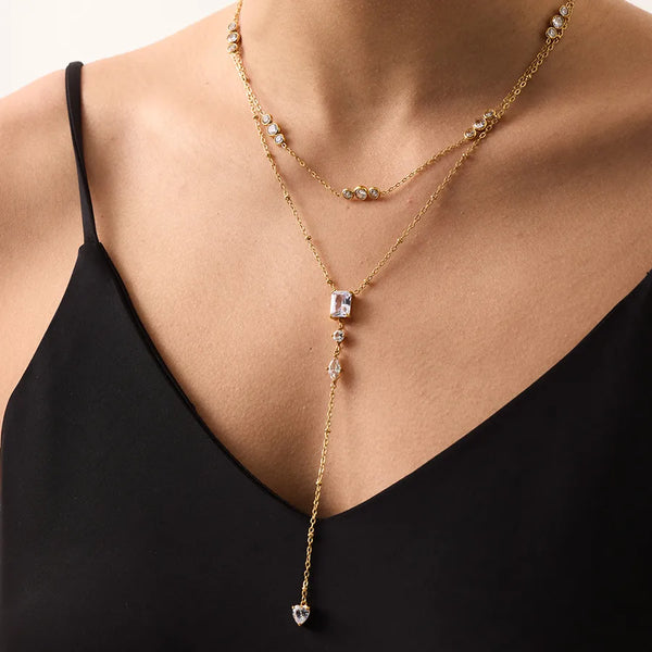 Geometric Necklace for Women in 18K Gold Plated 304 Stainless Steel with Zircon Inlay and Cable Chain, PVD Coated