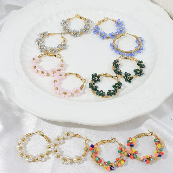 1 Pair Sweet IG Style Round Flower Beaded Handmade 304 Stainless Steel natural stone 14K Gold Plated Earrings