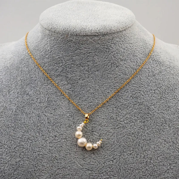Valentine's Day Titanium Steel Necklace Freshwater Pearl Pendant Moon Shape Jewelry Non-Fading