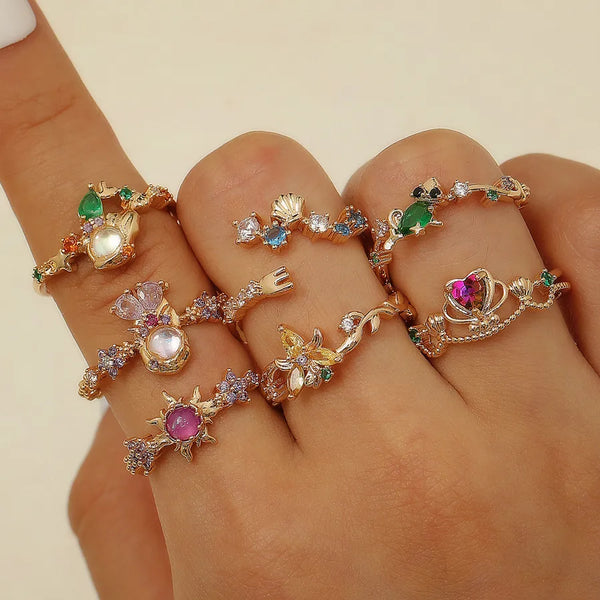 Luxury Adjustable Colorful Zircon Flower Cartoon Open Ring For Women Princess Index Finger Ring Fashionable Casual Jewelry