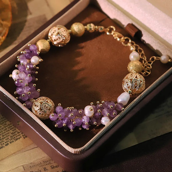 Original Amethyst Natural Pearl Copper Bead 18K Gold Plated Bracelet for Women Vacuum Electroplated Color Retention Bangle Jewelry