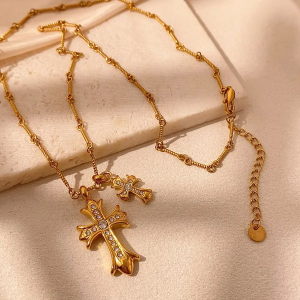 Inlaid Diamond Super Sparkling Cross Oil Drop Concentric Circle Light Luxury 18K Gold Plated Titanium Steel Vacuum Electroplated Three-Dimensional Zircon Necklace