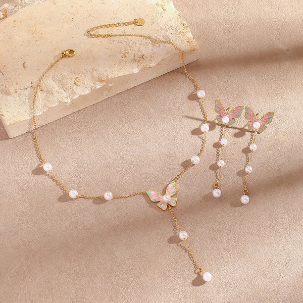 Titanium Steel Butterfly Hand-Painted Necklace, Pearl Stainless Steel Necklace Earrings Stainless Steel 316L Three-Dimensional Hand-Painted Necklace Casual Versatile Lobster Clasp Waterproof Fade-Resistant Suitable for Vacation