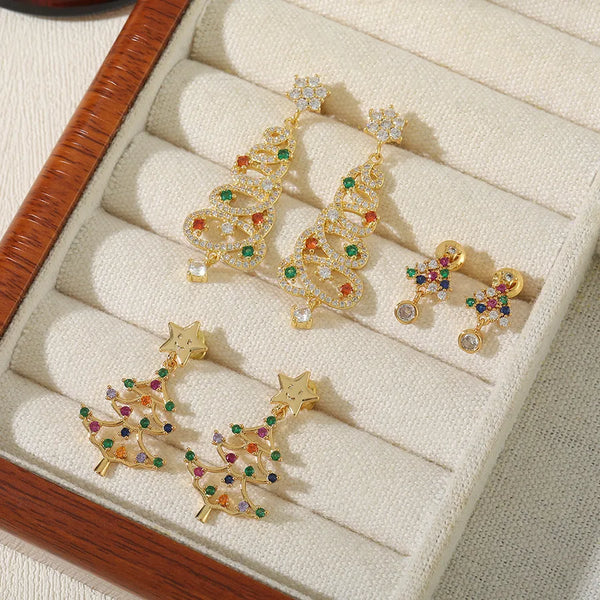 Fashionable Christmas Tree Earrings 925 Silver Needle Colorful Zirconia Star Micro-Set Earrings For Women Autumn Winter Jewelry