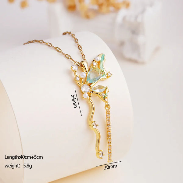 Necklace for Women, New and New Style, Asymmetric Butterfly Pendant, Fashionable and Elegant, Versatile, Unique Design, 304 Stainless Steel Clavicle Chain, Zirconia Plated with 18K Real Gold