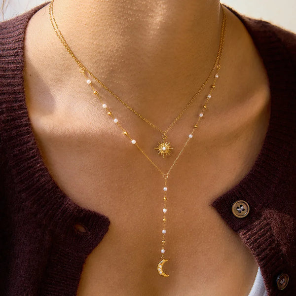 Sun Y-Necklace Lariat Necklace with 0.03µm PVD Coated 18K Real Gold Plated 304 Stainless Steel Featuring Acrylic Inlay and Cable Chain
