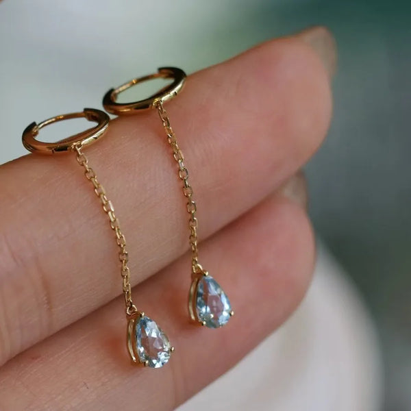 Sweet Drop Earrings S925 Sterling Silver 18K Gold Plated Sea Blue Topaz Waterdrop Zircon Tassel Earrings Vintage Fresh Commute