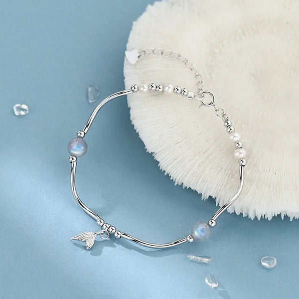 S925 Sterling Silver Fish Tail Bracelet Pearl Moonstone Sweet Luxury Versatile Animal Pattern Women's High-End Feeling Jewelry