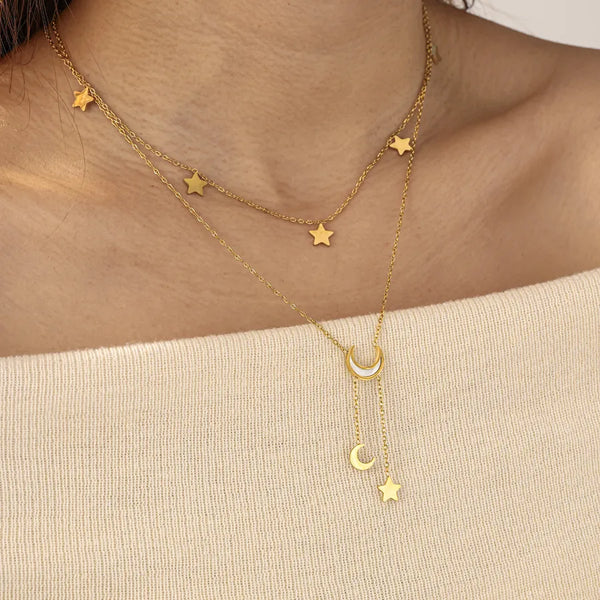 Star Necklace For Women Back To School 304 Stainless Steel With 18K Real Gold Plated 0.03µm Thick Cable Chain