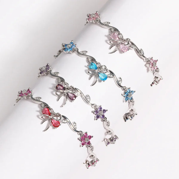 Light Luxury Copper Inlaid Diamond Cute Sweet Exquisite Bowknot Leaf Bracelet Creative Versatile High-End Women's Bracelet