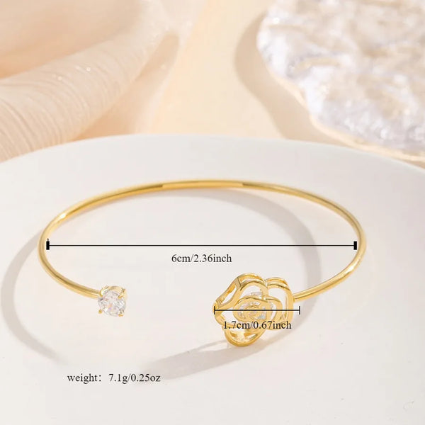 Rose Pattern Copper Bangle for Women with Zircon Inlay in Gold