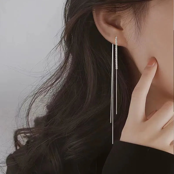 S925 Sterling Silver Tassel Earrings Women's Long Elegant Simple Fashion Trendy Ear Wire Geometric Pattern Bohemian Style