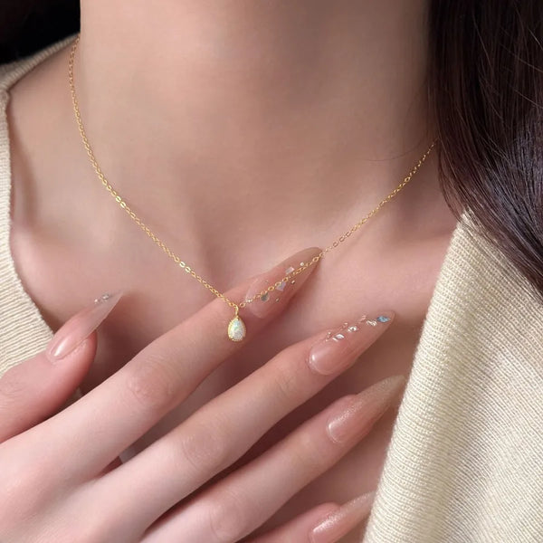 Water Droplets Pendant Necklace for Women in 925 Sterling Silver with 18K Gold Electroplated and October Opal on Cable Chain