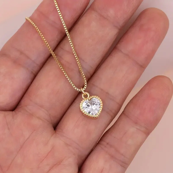 simple style shiny heart shape copper plating inlay zircon 18k gold plated pendant necklace