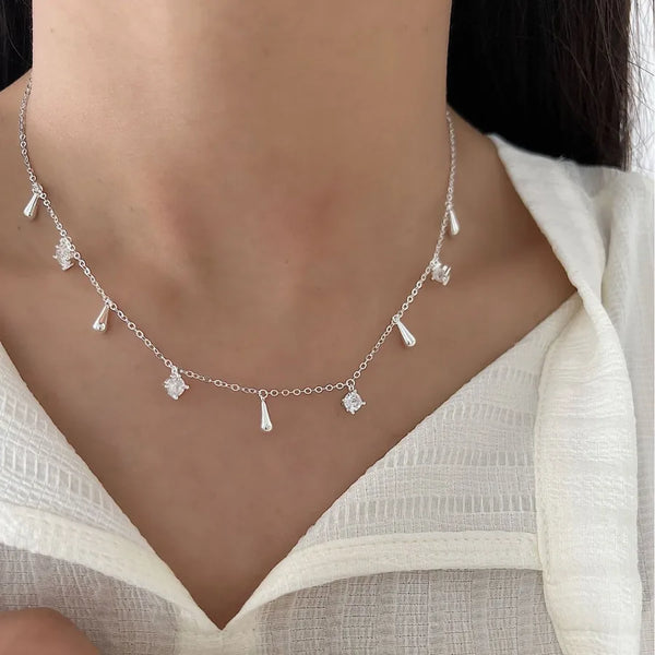 925 Sterling Silver Zircon Round Water Droplets Necklace