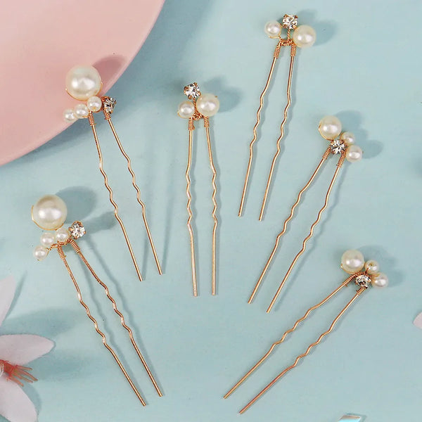 Simple Pearl Rhinestone Bridal Hairpin Wedding Reception Hair Accessory U-Shaped Hair Fork Leaf Black White Deep Black Silver
