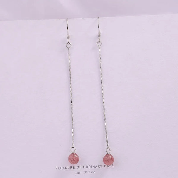 S925 Silver Long Dangle Crystal Ear Jewelry Pink Strawberry Quartz Tassel Simple New Style Feminine Linear Earring Accessories