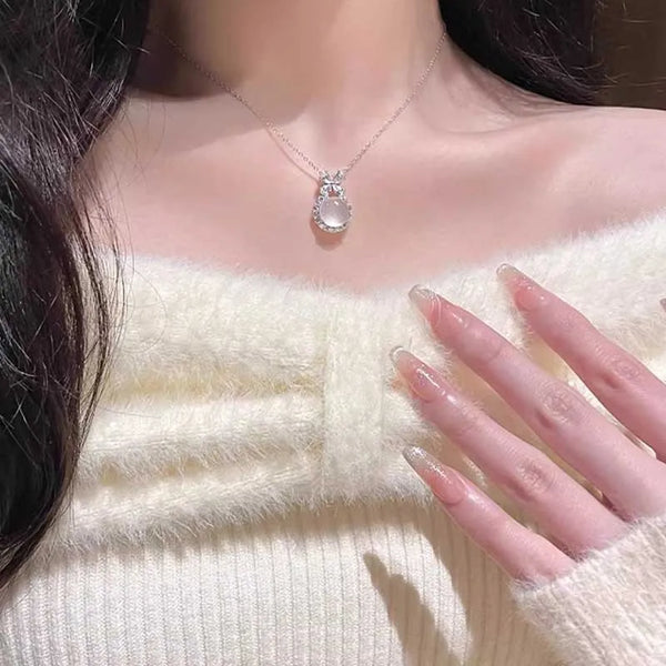 925 Sterling Silver Bow Tie Pendant Necklace with Chalcedony Inlay on Cable Chain for Women
