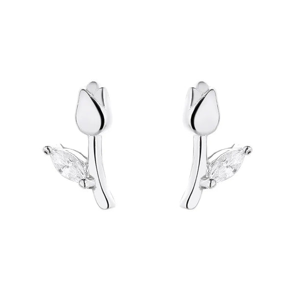 1 Pair 925 Sterling Silver Rhinestones Flower Tulip Ear Studs