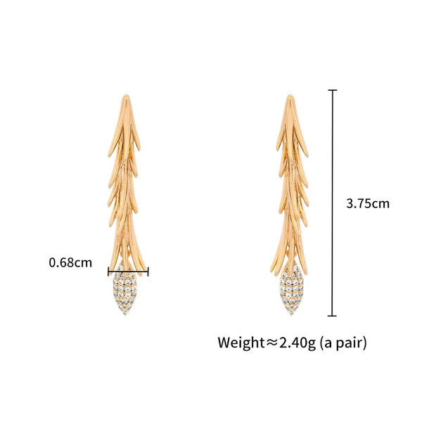 Fashionable Long Leaf Tassel Earrings Micro-Set Zircon Vintage High-End Feelings Dangle Earrings For Women Daily Wear Champagne Color