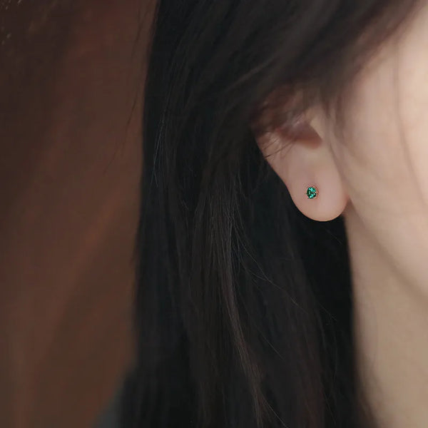 Mini S925 Sterling Silver Silver Earrings Six-Prong Setting Green Zircon Basic Simple Women's Earrings Geometric