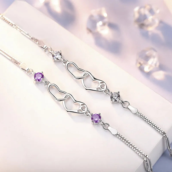 S925 Silver Double Heart Bracelet  Style Double Layer Heart Shaped Love Couple Wrist Jewelry Accessories
