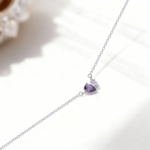 Farfan S925 Sterling Silver Silver Double Purple Zircon Necklace for Women Simple Design Asymmetric Heart Clavicle Chain