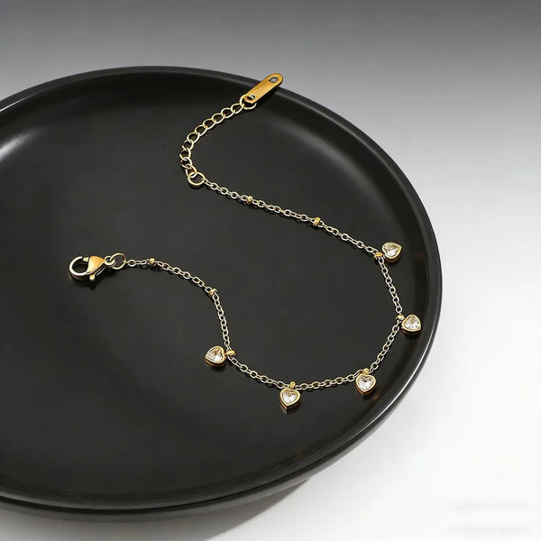 Heart Shape Asymmetrical Women's Bracelets with Figaro Chain, 316 Stainless Steel, 18K Gold Plated, Zircon Inlay