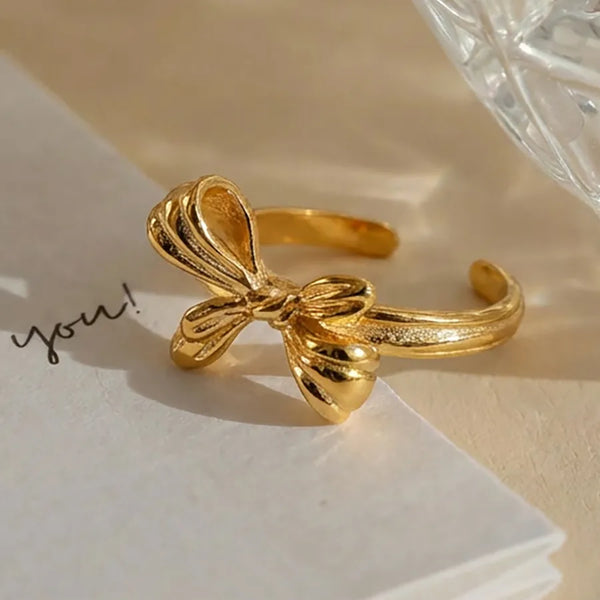 18K Gold Plated 304 Stainless Steel Vacuum Electroplated Geometric Waterproof Non-Fading Handmade Hypoallergenic Gorgeous Bowknot Cast Open Ring Index Finger Ring