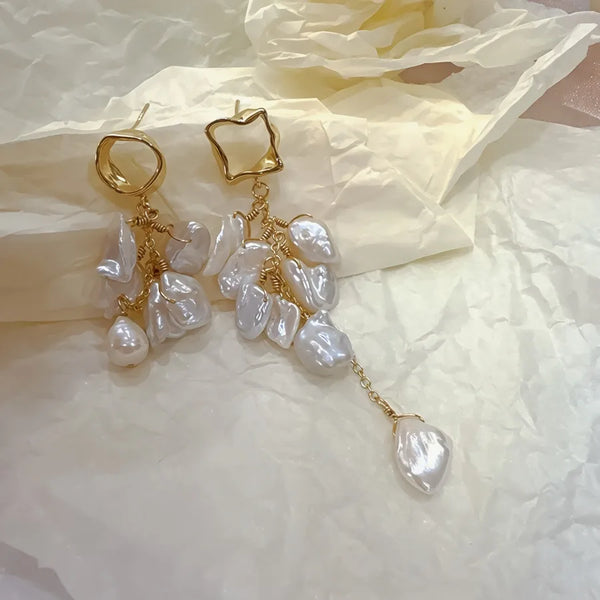 Handmade Natural Baroque Pearl Earrings, Long Asymmetric Layered Wedding Jewelry, Women's Ethnic-Style Ear Accessories