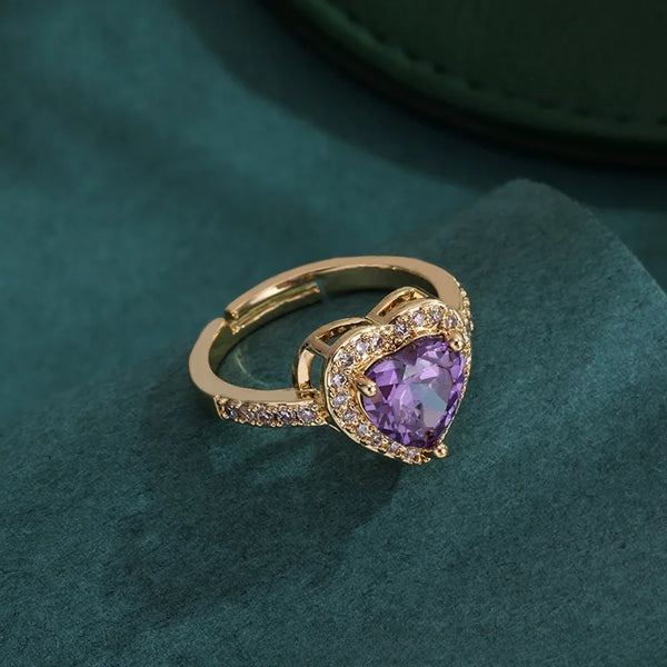Heart Shape Open Ring for Women in Electroplated Copper with Zircon Inlay, Sweet Style
